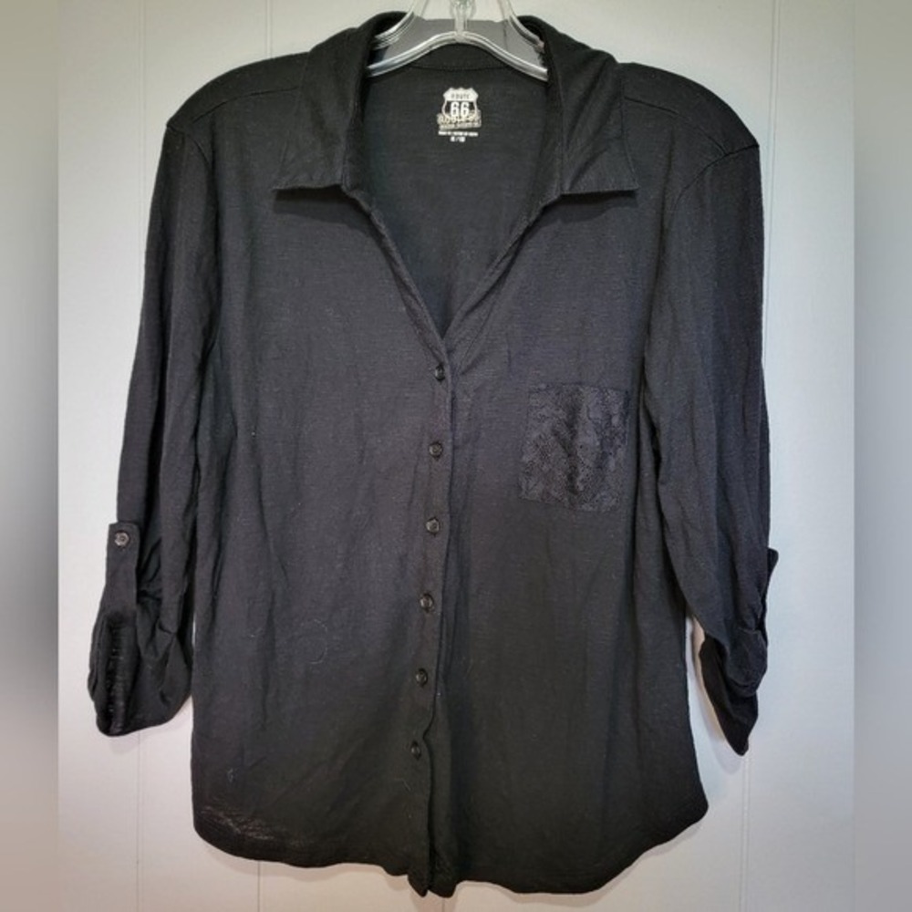 Route 66 Black Button-Up Shirt‎ With Lace Pocket